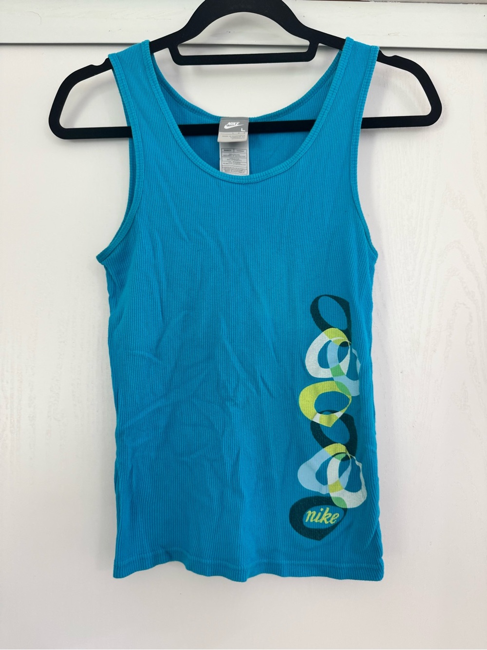 Vintage Y2K Nike Ribbed Graphic Tank Top - Turquoise Blue Size L
